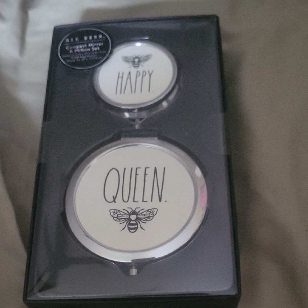 Rae Dunn Happy Queen Set - Black and White Mirror And Pill Box Sealed